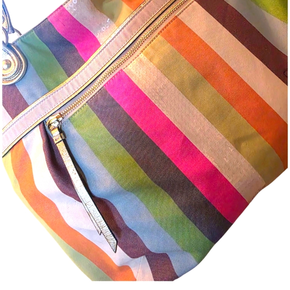 COACH Legacy Poppy Colorful Striped Sequin Large Glam Boho 19021 Tote - Picture 2 of 15
